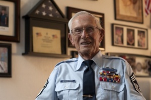 Retired Chief Master Sgt. Harold Bergbower was born May 11, 1920, in Newton, Ill. He joined the Army Air Corps May 12, 1939. One year later, he went to school at Chanute Field, Ill., and became an air mechanic. In January 1940, he volunteered to go to the Philippine Islands, where he stayed for a year and a half, until the attack on Pearl Harbor. (U.S. Air Force photo by Senior Airman Grace Lee)